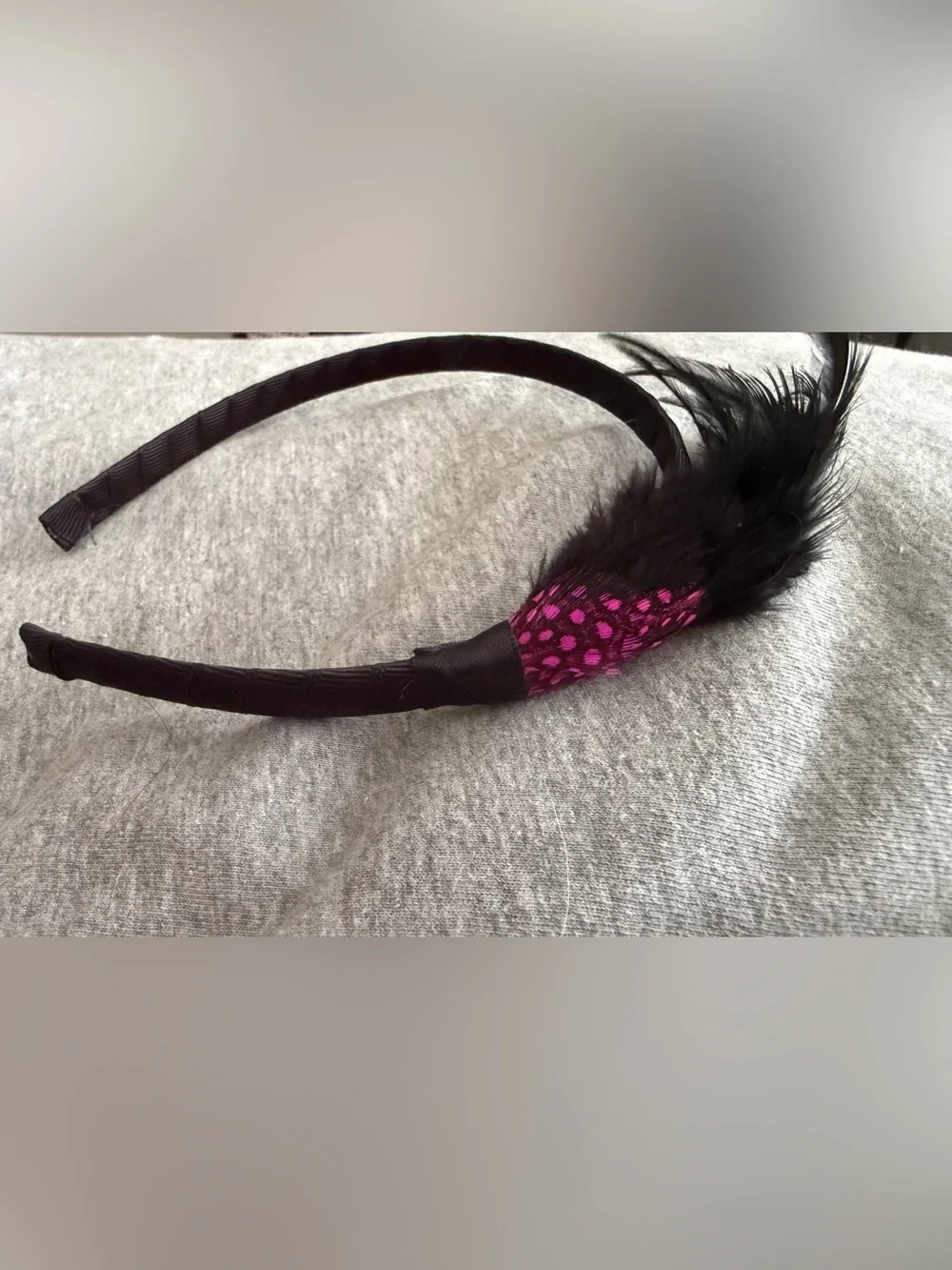 Black Feather Accent Headband with Pink Detail